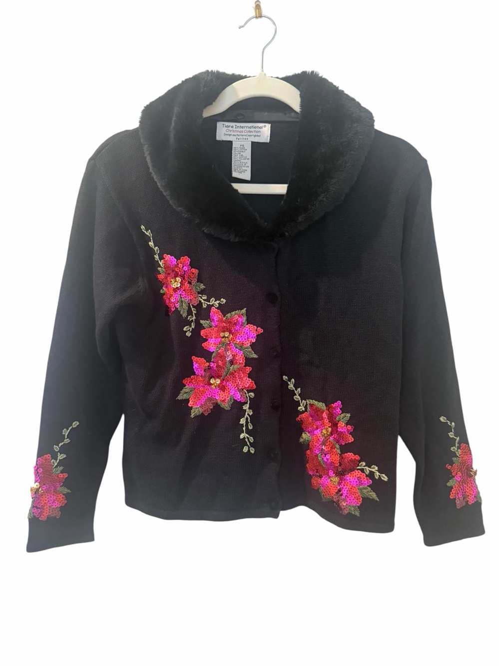 Tiara International Christmas Collection Sequin Floral Cardigan Sweater Petite P